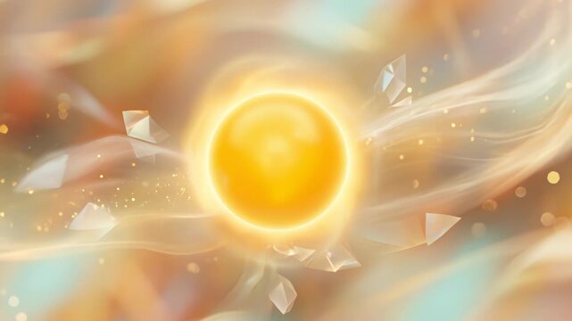 Glowing golden orb of light pulsating with energy surrounded by floating crystals and particles