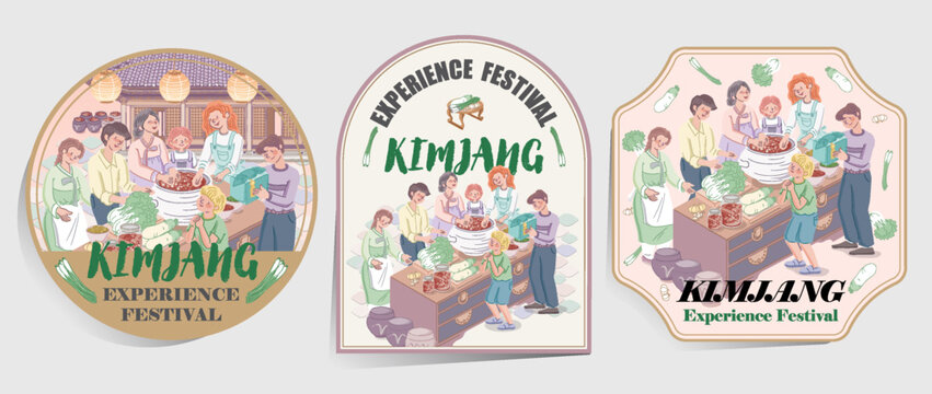 Kimjang Korean Kimchi Making Culture Emblem Set with Diverse People Pastel Vector Illustration