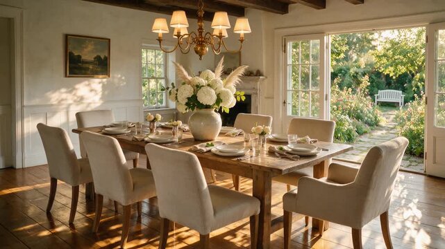 Sunlight moving across a beautifully set dining table in a rustic and elegant home with a garden view