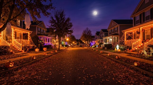 Festive suburban neighborhood street at night decorated for Halloween. Houses with glowing orange lights, jack-o'-lantern pumpkins, ghosts, and cobwebs under a full moon. Autumn holiday concept