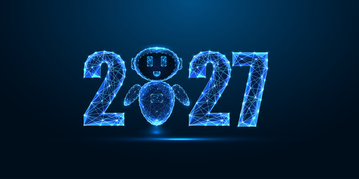 2027 Digital Assistant, Chatbot Concept with Glowing Robot Face. Futuristic Blue Typography Vector