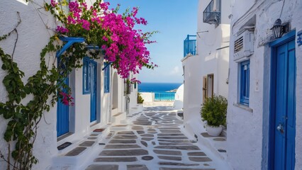 Fototapeta premium Santorini Greek Village Whitewashed Houses Church Blue Dome Aegean Sea Cyclades Islands Architecture Travel Photography