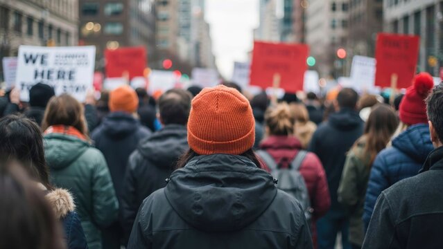 Crowd of protesters marching in a city street with signs and banners