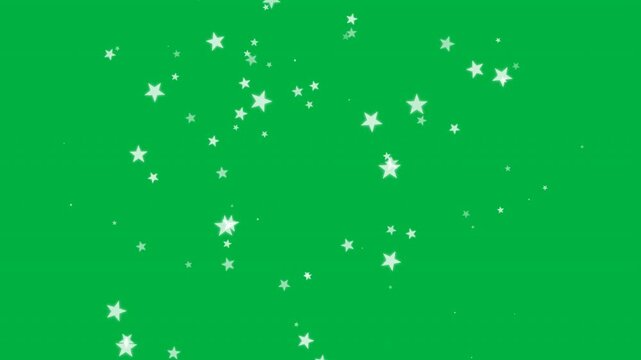 Seamless looping animation of glowing 5-pointed stars bursting widely from the center. The particles dynamically shrink and fade out as they drift on a pure chroma key green background.