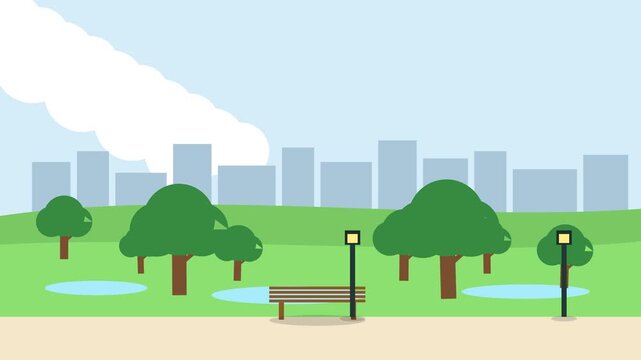 Animated urban park background, with green trees, bench, and city, skyline view in, flat style, animated park