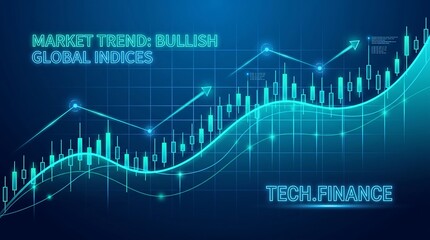 Fototapeta premium Bullish market trend candlestick chart with upward growth arrows on blue digital grid