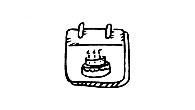 Animated doodle icon of a calendar with a birthday cake mark for special event reminder.