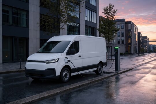 Electric delivery van charging on a quiet city street at dawn