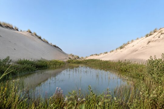 Dune slack pool lying between two high sand ridges