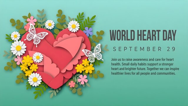 World Heart Day concept, beautiful flowers, leaves, and butterflies decorate the human heart, paper illustration, and 3d paper.