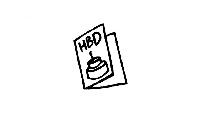 Animated doodle icon of an open birthday greeting card with HBD text and cake drawing.