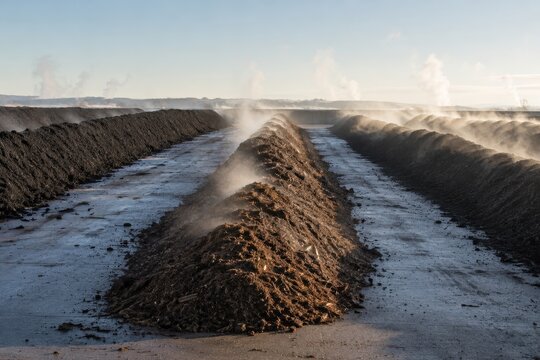 Steaming compost windrows on a bare yard in cold morning air
