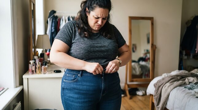 Plus size woman struggling to button up her tight denim blue jeans while standing in the bedroom.