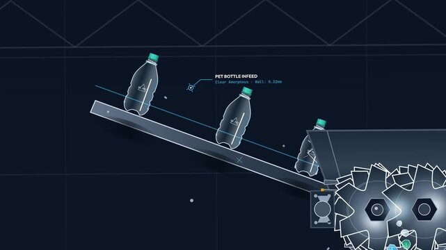 Animated diagram illustrating the industrial process of recycling plastic bottles including shredding washing thermal plastification and spinneret die extrusion into a recycled thread spool