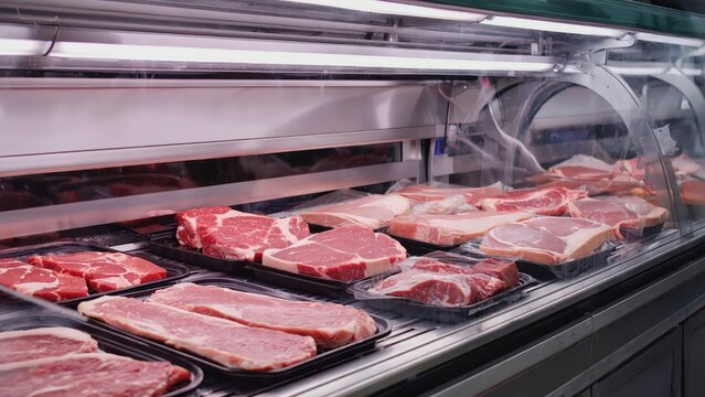 Freshly Cut Beef Display in Supermarket Refrigerator Case with Price Tags and Product Variety.