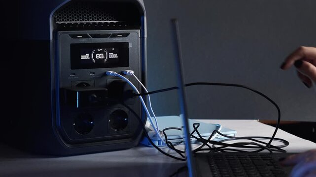 Turning on a charging station. Working from home on a laptop powered by a portable power station. Concept of backup power and energy independence. Energy storage, blackout, battery. Blue illumination