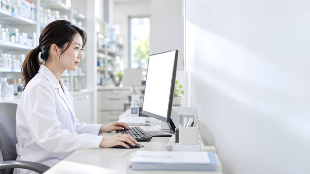 調剤薬局でパソコンを操作する女性薬剤師の横顔
