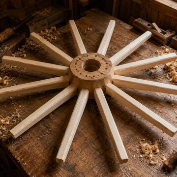 Bare oak spokes fitted into the hub of a cart wheel