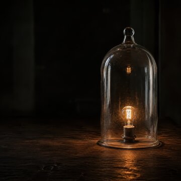 Single warm bulb glowing inside a glass bell jar