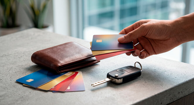 Wallet with credit cards and car key, Man taking credit card from leather wallet on modern table with car key  