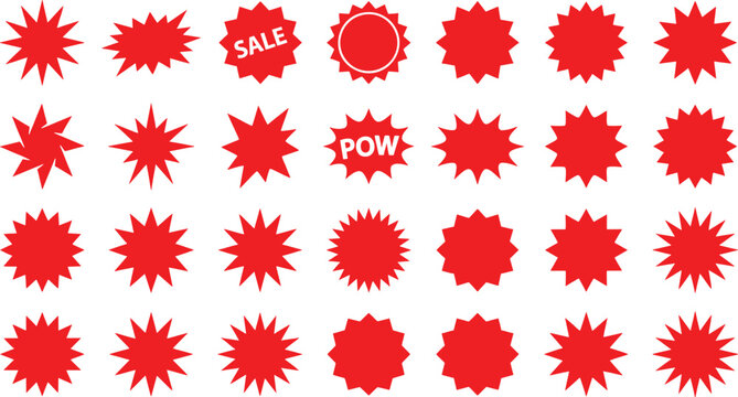 Red starburst stickers and comic book speech bubbles, 28 retail sale tags and promotional burst icons, flat vector star shapes for marketing