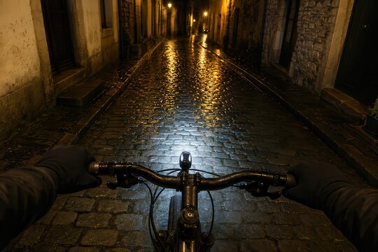 Cyclist view over the handlebars on a wet cobbled street at night