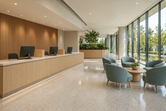 Modern bank branch interior with empty seating