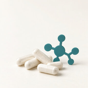 White capsules with molecular model symbolizing nad+ supplement for health and energy support in clean minimal style