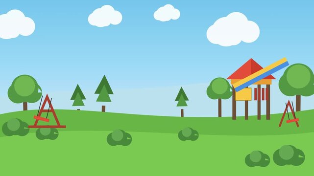 Colorful 2D cartoon playground animation background, with green grass, trees, swing set, slide and blue, sky with clouds
