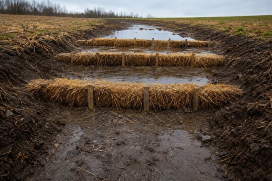 Straw bales laid as a check dam across a wet furrow