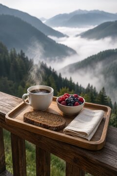 Breakfast tray on a balcony railing above a misty valley