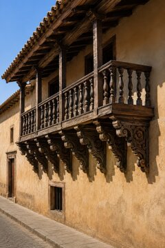 Timber balcony carried on carved wooden brackets above a rendered wall