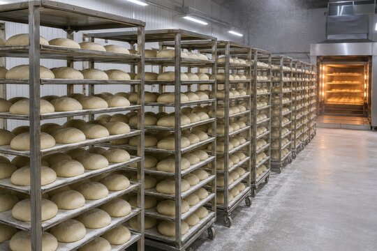 Racks of proved dough waiting for the oven in a large bakery