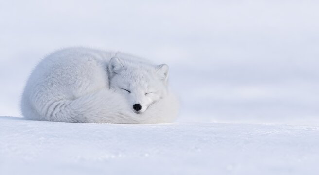 Arctic fox curled asleep on fresh snow