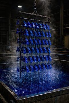 Metal parts lifted dripping from a vivid blue dye bath