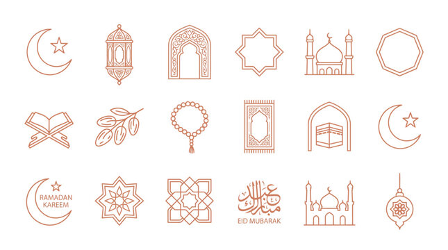 Ramadan Kareem and Eid Mubarak outline vector icon set featuring line art mosques, lanterns, crescents, and Islamic motifs   