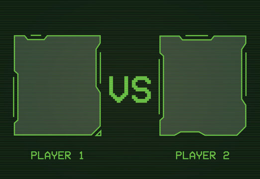 Retro futuristic VS screen interface with green CRT monitor scanlines, pixel art text, and two cybernetic frames for Player 1 and Player 2 comparison or competitive gaming HUD.