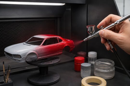 Airbrushing a scale model car body on a turntable