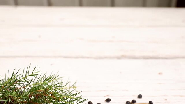 Juniper latin Juniperus communis berries on a wooden spoon, juniper tree branch with confier cones and berries scattered around, copy space. White wood board background.