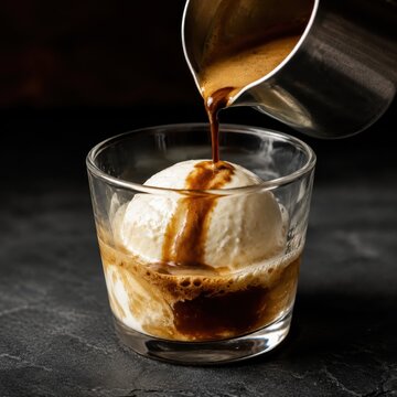 Espresso poured over vanilla ice cream in a small glass