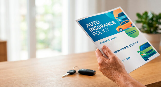 Hand holding car insurance policy, Person holding auto insurance policy brochure at home with car keys on table  