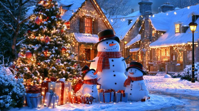  Happy snowman family with gifts beside a decorated christmas tree and glowing lights in a snowy village at dusk, joyful winter holiday celebration scene with festive atmosphere and seasonal decoratio