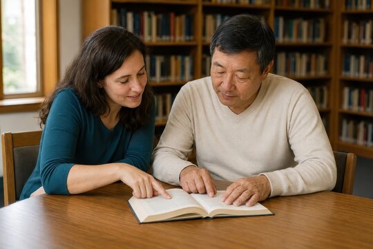 Volunteer tutor teaching an adult to read at a library table