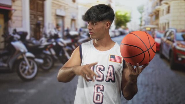 Man holding a basketball and pointing with hand on a cobblestone street in front of buildings wearing usa jersey number 6; determination.