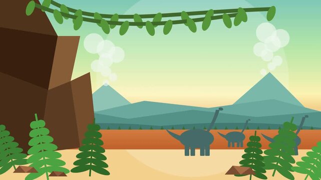 Cute animated dinosaurs walking in prehistoric jungle landscape, cartoon brachiosaurus family moving in volcanic valley motion background
