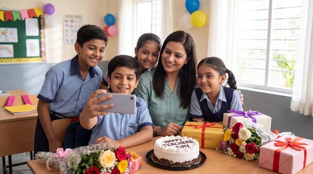 Teacher celebrating Teachers Day with students and handmade crafts