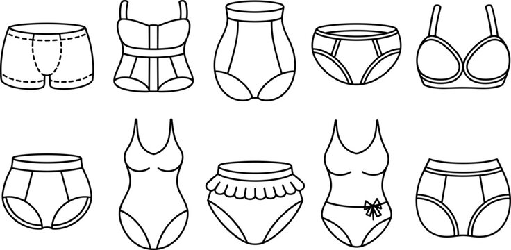 Underwear and Swimwear Line Art Vector Set Featuring Bras Panties Swimsuits and Boxer Shorts