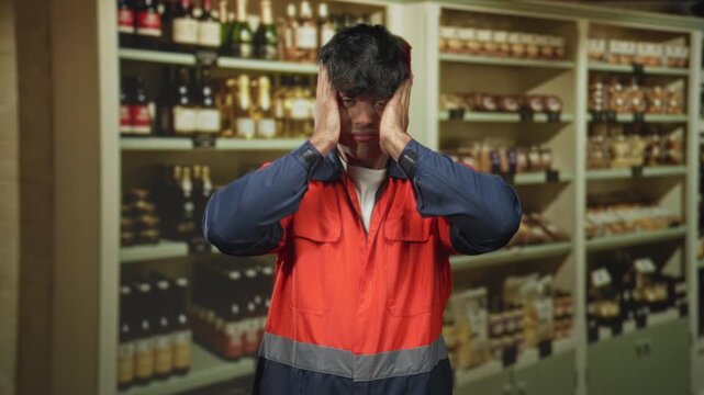 Young hispanic man in orange reflective uniform covers face with hands amid stocked supermarket shelves inside a building; stress.