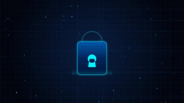 Digital cybersecurity lock scanning animation with glowing hud interface on blue tech background, for data protection