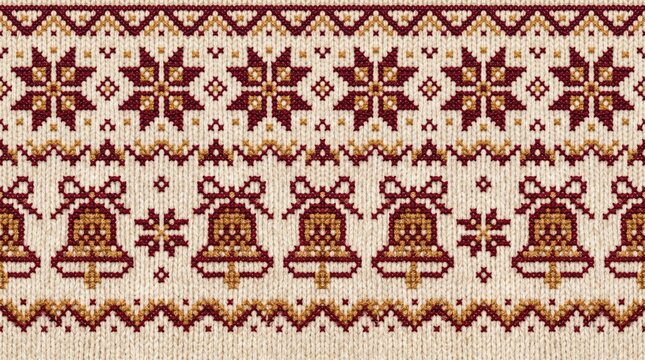Christmas sweater seamless pattern with Santa sleigh, reindeer, and pine trees, nordic knitted background for holiday textile and gift wrap.